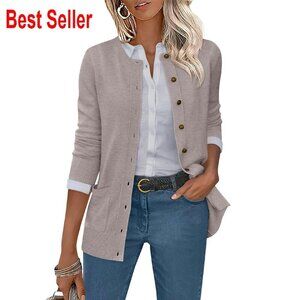Soft Knit Cardigan Crewneck Open Front Fall Casual Dressy Chic Sweater